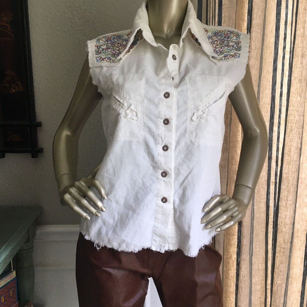 Euc Da Nang Ivory Soft Corduroy Sleeveless Embroidered Shirt M